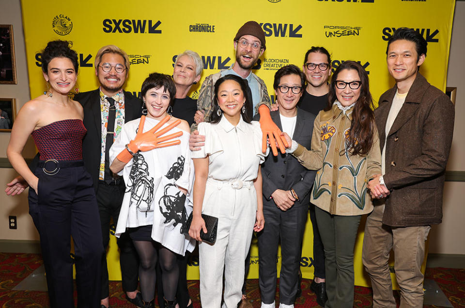 Jenny Slate, Daniel Kwan, Tallie Mendel, Jamie Lee Curtis, Daniel Scheinert, Stephanie Hsu, Ke Huy Quan, Jonathan Wang, Michelle Yeoh and Harry Shum Jr. attend the opening night premiere of Everything Everywhere All At Once - Credit: Rich Fury/Getty Images