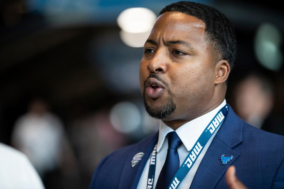 Buffalo coach Maurice Linguist speaks during the MAC football media day at Ford Field on Tuesday, July 20, 2021.