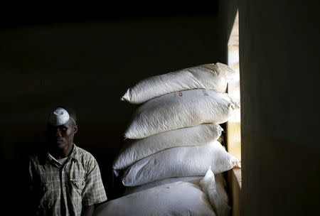 A worker waits to distribute food aid for the United Nations World Food Progamme (WFP) in Mzumazii village near the capital Lilongwe, Malawi February 3, 2016. REUTERS/Mike Hutchings/File Photo