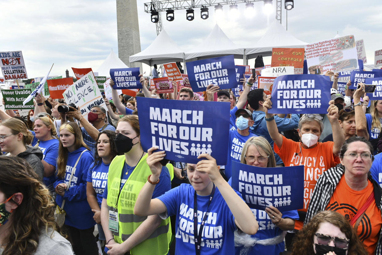 Protesters at the 2022 March For Our Lives rally held on June 11 in Washington, D.C., call for gun control legislation in the U.S. (AP)