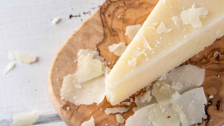 pecorino romano on wooden board