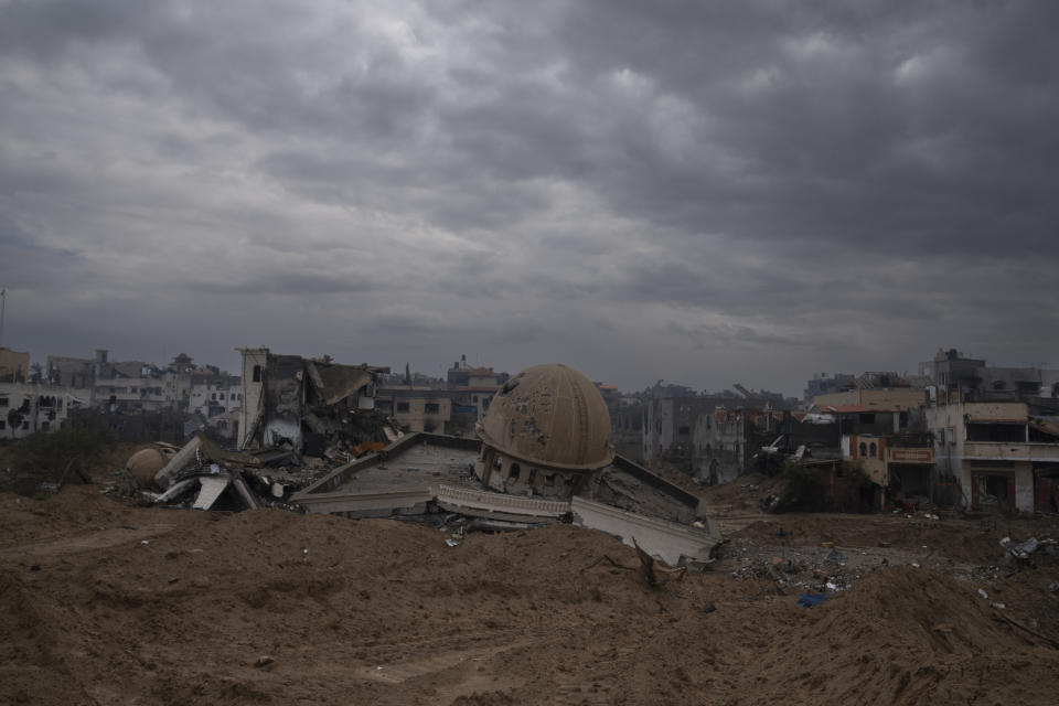 A mosque destroyed in the Israeli ground offensive on the Gaza Strip is seen in Khan Younis, Saturday, Jan. 27, 2024. (AP Photo/Sam McNeil)