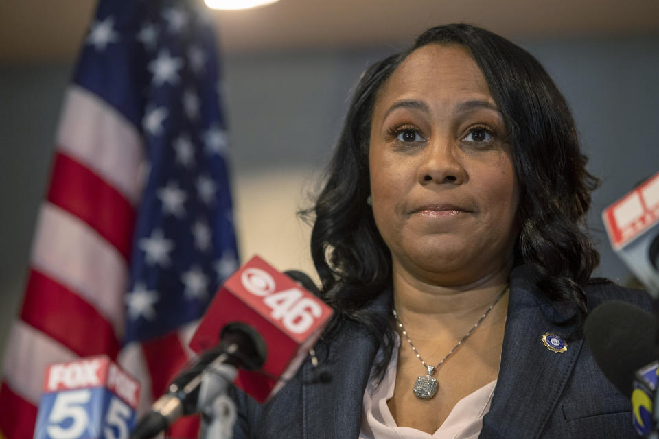 Fulton County District Attorney Fanni Willis speaks during a news conference at the Fulton County Courthouse in downtown Atlanta, Friday, Aug. 13, 2021. A Fulton County grand jury has indicted two men, Julian Conley and Jerrion McKinney, in the involvement of the murder of 8-year-old Secoriea Turner. (Alyssa Pointer/Atlanta Journal-Constitution via AP)