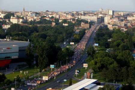 People march during a protest against the Belgrade Waterfront project in Belgrade, Serbia, June 25, 2016. REUTERS/Djordje Kojadinovic