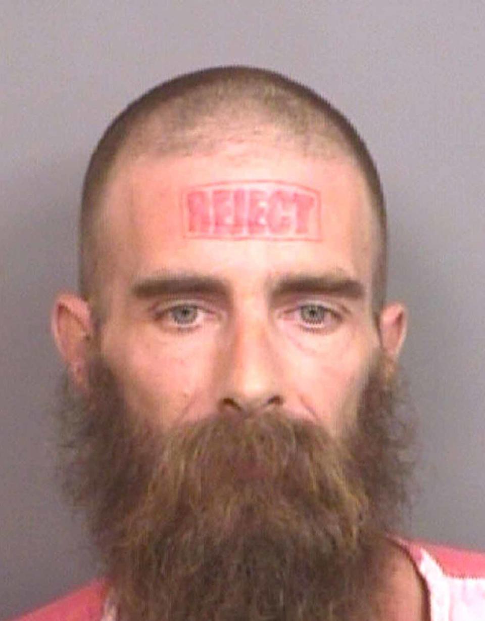 These forehead felons certainly say what's on their mind - or is that heads? This unnamed Alabama man (crime unknown) seems to think he is a reject.