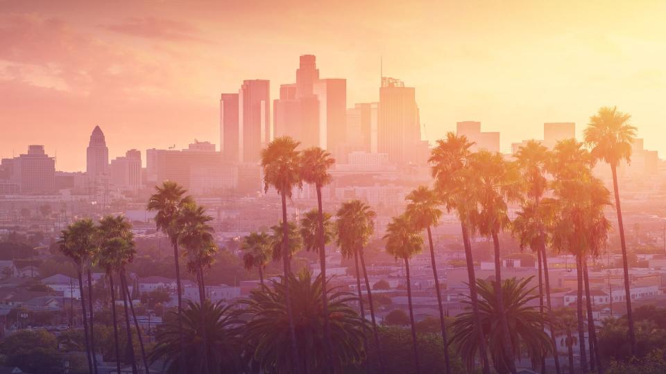 Los Angeles California skyline at sunset