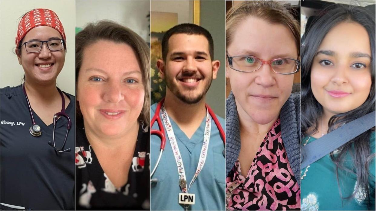 From left to right: Ginny Wong, Lenora Evans, Quintin Martin, Amy Whitehead and Akansha Gupta with LPNs for Change. Their application to reclassify under direct nursing care has been dismissed by the Alberta Labour Relations Board. (Submitted by Ginny Wong - image credit)