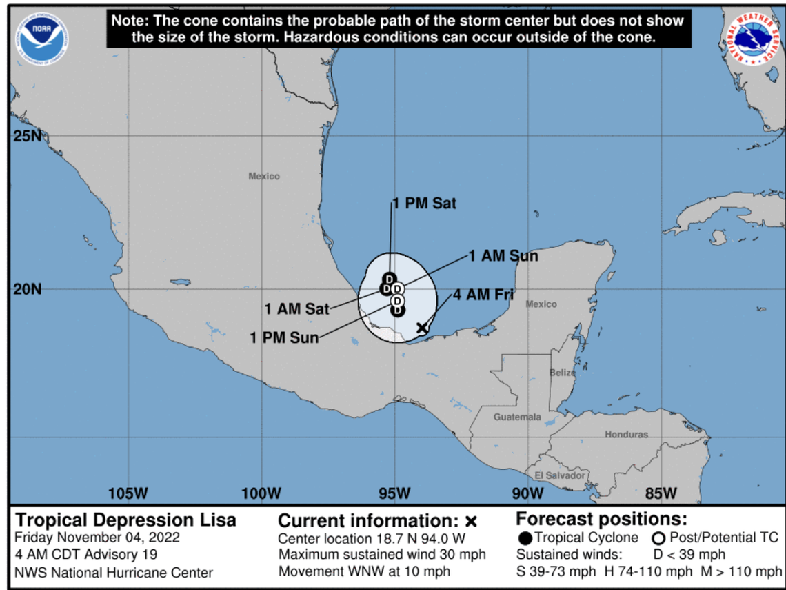 Tropical Depression Lisa should degenerate into a remnant low pressure area by Sunday, according to the National Hurricane Center.