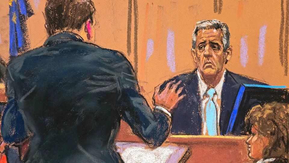 Michael Cohen on witness stand in courtroom sketch