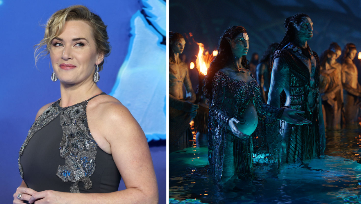 (L to R) Actress Kate Winslet in London; Winslet stars as Ronal, a pregnant warrior leader in Avatar: The Way of Water. (PHOTO: ISABEL INFANTES/AFP via Getty Images; 20th Century Fox)