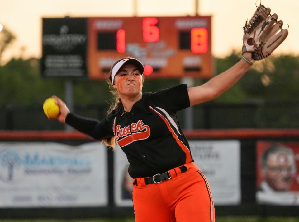Spruce Creek pitcher Julie Kelley throws during a game with Flagler Palm Coast at Spruce Creek High School in Port Orange, Thursday, March 30, 2023 