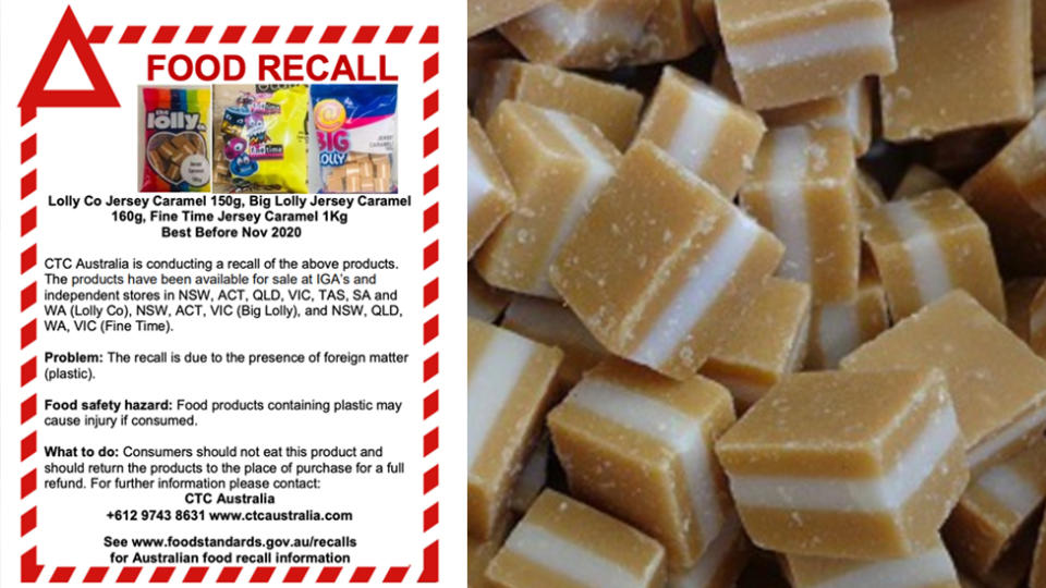 The recall notice for the jersey caramels