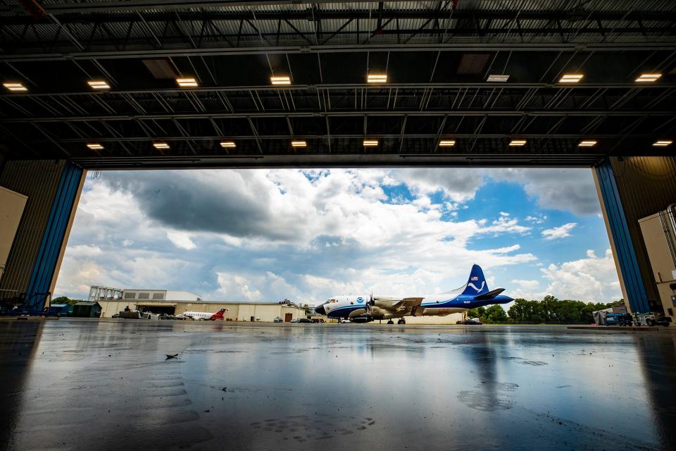 The NOAA hurricane hunter P3 Orion aircraft taxis back to their hangar after engine testing at NOAA's Aircraft Operations Center at Lakeland Linder Airport in Lakeland. NOAA crews are preparing their aircraft for the upcoming hurricane season. ERNST PETERS/ THE LEDGER