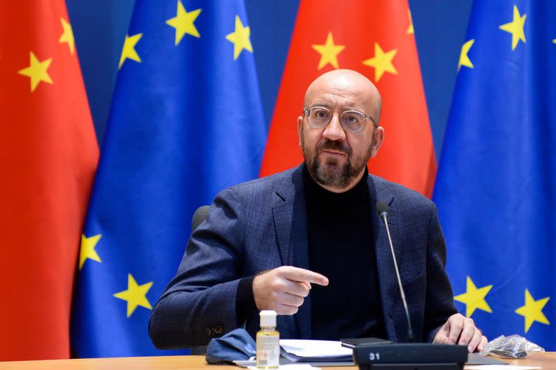 FILE PHOTO: EU Commission President von der Leyen and EU Council President Michel have a video conference with Chinese President Jinping, in Brussles