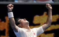 Japan's Kei Nishikori celebrates after defeating Croatia's Ivo Karlovic during their second round match at the Australian Open tennis championships in Melbourne, Australia, Thursday, Jan. 17, 2019. (AP Photo/Andy Brownbill)