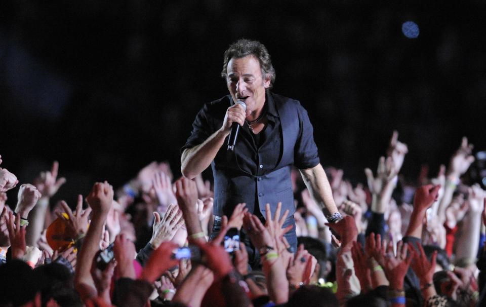 FILE - In this Feb. 1, 2009 file photo, Bruce Springsteen performs during halftime of the NFL Super Bowl XLIII football game between the Arizona Cardinals and the Pittsburgh Steelers in Tampa, Fla. This year's Super Bowl performer will Bruno Mars. (AP Photo/Mark J. Terrill, File)