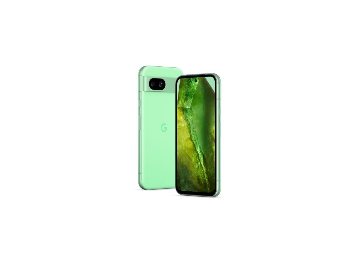 google pixel 8a phone in aloe green shown from the front and back
