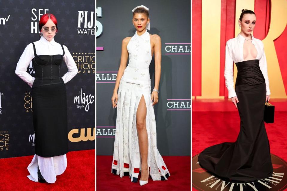 From left: Billie Eilish attends the Critics Choice Awards, Zendaya brings Wimbledon white to the London premiere of “Challengers” and Emma Chamberlain suits up for the 2024 Vanity Fair Oscar Party — all in custom Thom Browne looks. Images: Getty