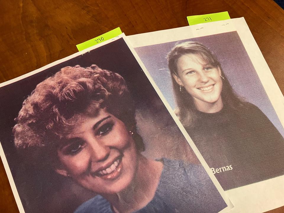 Prosecutor Vince Imbordino showed these photographs of Angela Brosso (left) and Melanie Bernas as he gave his closing argument to Judge Suzanne Cohen