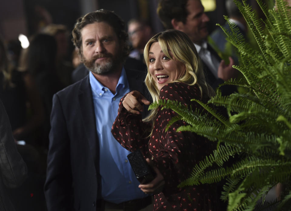 Zach Galifianakis, left, and Kaley Cuoco arrive at the Los Angeles premiere of "Between Two Ferns: The Movie" at ArcLight Hollywood on Monday, Sept. 16, 2019. (Photo by Jordan Strauss/Invision/AP)