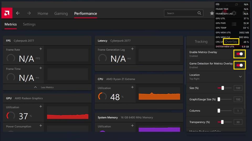 ROG Ally AFMF settings: AMD Performance overlay.