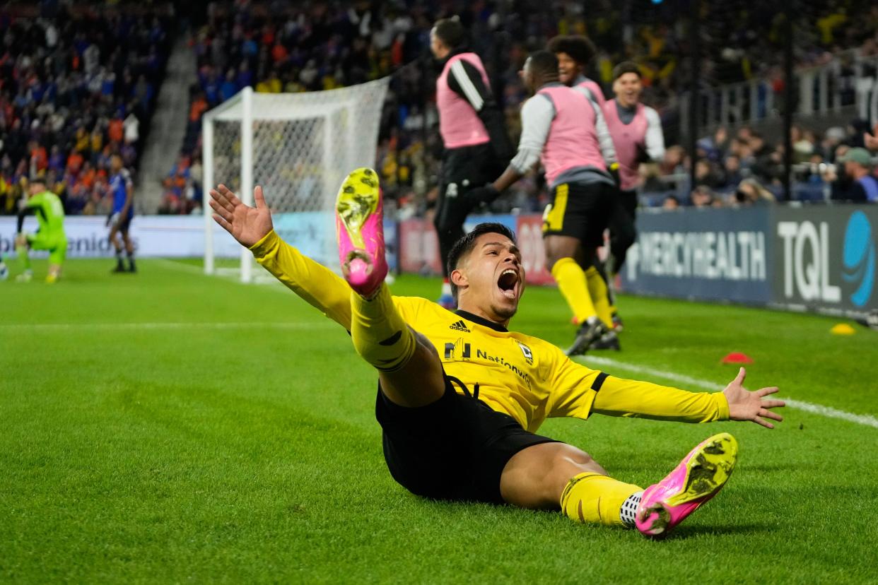 Dec 2, 2023; Cincinnati, Ohio, USA; Columbus Crew forward Cucho Hernandez (9) celebrates the game-winning goal by forward Christian Ramirez (17) during the second half of the MLS Cup Eastern Conference Finals against the FC Cincinnati at TQL Stadium.