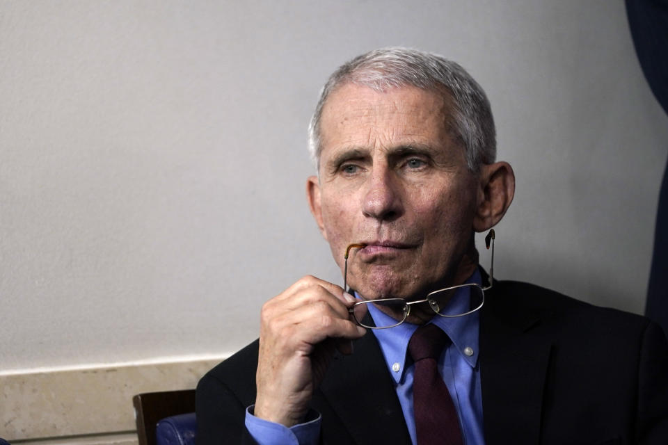 WASHINGTON, DC - MARCH 27:  National Institute of Allergy and Infectious Diseases Director Anthony Fauci listens during a briefing on the coronavirus pandemic in the press briefing room of the White House on March 27, 2020 in Washington, DC. President Trump signed the H.R. 748, the CARES Act on Friday afternoon. Earlier in the day, the U.S. House of Representatives approved the $2 trillion stimulus bill that lawmakers hope will battle the economic effects of the COVID-19 pandemic.  (Photo by Drew Angerer/Getty Images)