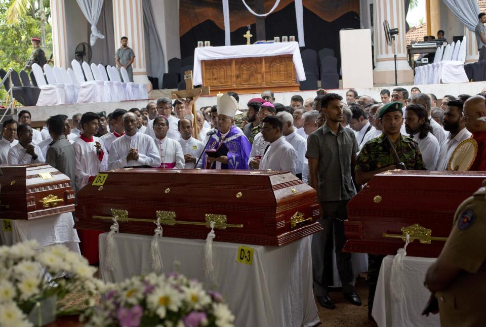 Cardinal Malcolm Ranjith speaks during a funeral service for victims at St. Sebastian's Church in Negombo, Sri Lanka, on April 23, 2019. (Gemunu Amarasinghe / ASSOCIATED PRESS)