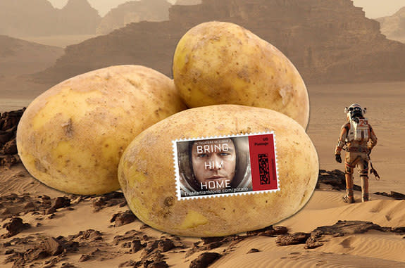 20th Century Fox is inviting fans of "The Martian" to mail a potato home (or to a friend) with Mark Watney stamps.