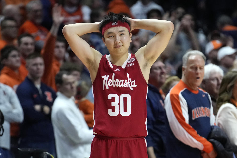 Nebraska's Keisei Tominaga reacts after missing a 3-point basket that would have tied the game late in overtime of an NCAA college basketball game against Illinois Sunday, Feb. 4, 2024, in Champaign, Ill. Illinois won 87-84. (AP Photo/Charles Rex Arbogast)