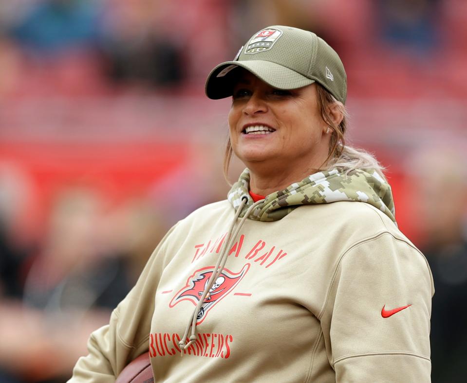 Tampa Bay Buccaneers coach Lori Locust looks on before an NFL football game against the New Orleans Saints, Nov. 17, 2019, in Tampa, Fla.