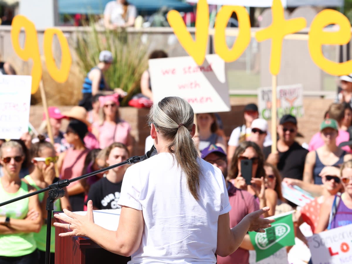 Arizona Secretary of State and Democratic gubernatorial candidate Katie Hobbs speaks at a Women's March rally in support of midterm election candidates who support abortion rights outside the State Capitol on October 8, 2022 in Phoenix, Arizona (Getty Images)