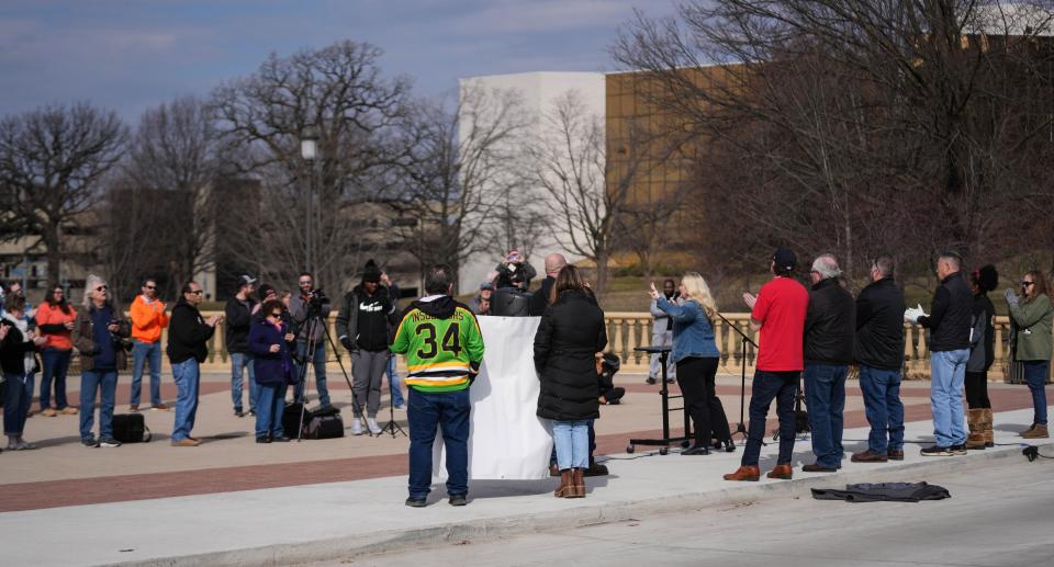 House Minority Leader Jennifer Konfrst, D-Windsor Heights speaks at the child labor bill protest put on by the Iowa Federation of Labor AFL-CIO and several unions on the west stage area of the Iowa State Capitol Building on Saturday, March 25, 2023.