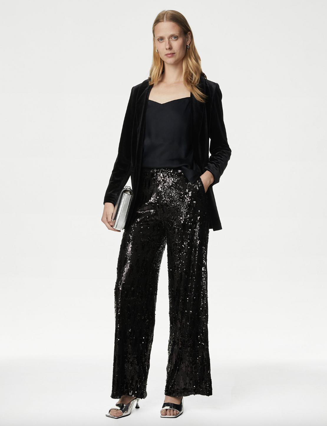 Wide-leg and designed in a regular fit, these M&S sequin trousers are super flattering. (Marks & Spencer)