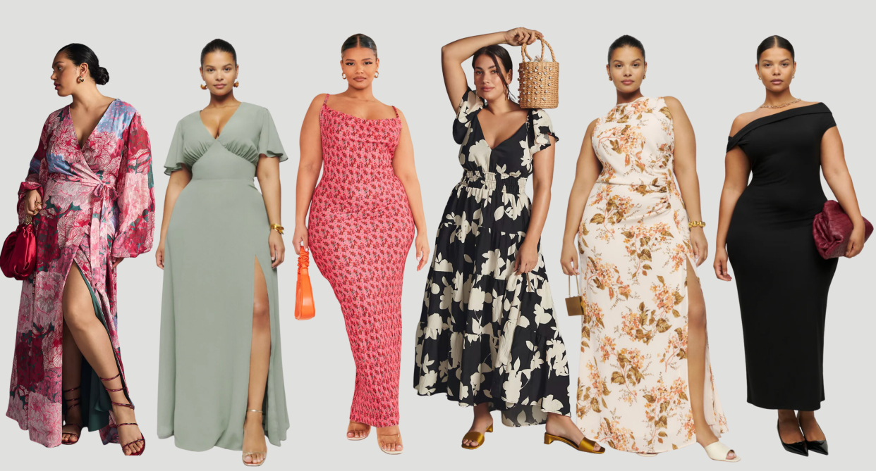 models wearing plus size wedding guest dresses, plus size dresses, plus size models in anthropologie, reformation, prettylittlething