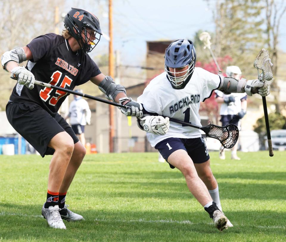 Rockland's Lucas Leander cradles the ball next to Middleboro defender Ryan Delaney during a game on Wednesday, April  27, 2022.  