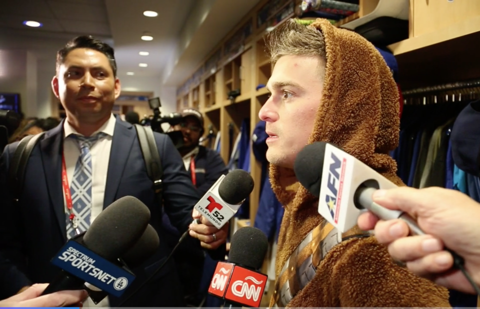 Dodgers utility man Kiké Hernandez put on his Chewbacca costume after World Series Game 6. (Yahoo Sports)