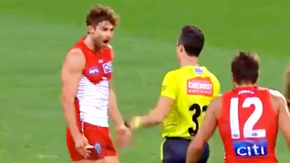 Dane Rampe had some controversial words for the umpire. (Image: @AFLcomau)