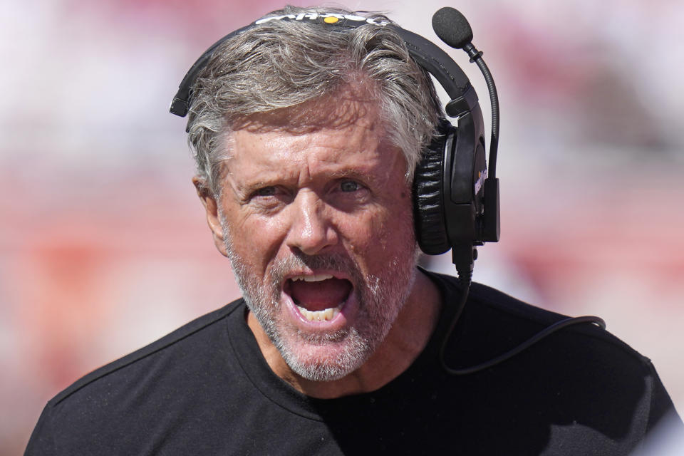 Utah head coach Kyle Whittingham shouts during the first half of an NCAA college football game against UCLA, Saturday, Sept. 23, 2023, in Salt Lake City. (AP Photo/Rick Bowmer)