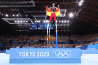 <p>TOKYO, JAPAN - AUGUST 03: Lukas Dauser of Team Germany celebrates winning silver during the Men's Parallel Bars Final on day eleven of the Tokyo 2020 Olympic Games at Ariake Gymnastics Centre on August 03, 2021 in Tokyo, Japan. (Photo by Jamie Squire/Getty Images)</p> 