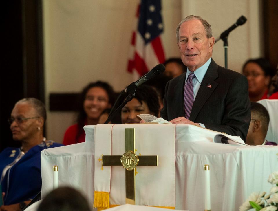 Presidential candidate Mike Bloomberg speaks at Brown Chapel AME Church in Selma, Ala., on Sunday, March 1, 2020. 