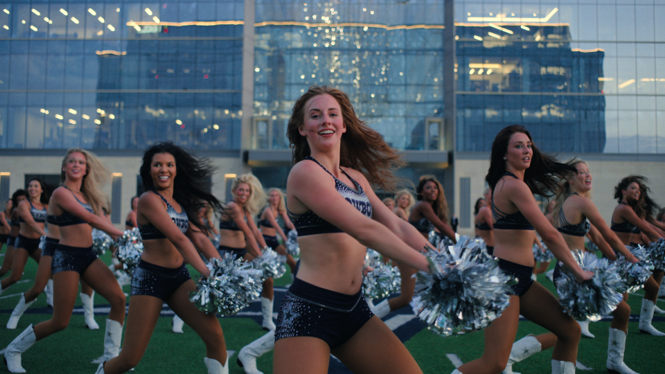 Every inch of the cheerleaders' appearance is scrutinised, down to the shape of their eyebrows. Credit: Netflix 