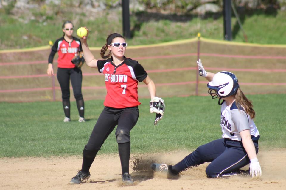 Coe-Brown's Drew Ceppetelli (7) fires to first base during a high school softball game against St Thomas Aquinas.