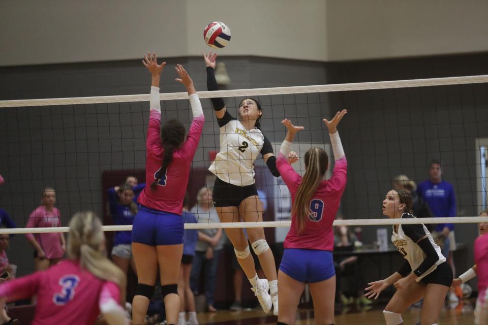 Community School of Naples and Bishop Verot play in the third place game of the Private 8 Volleyball Championships on Thursday, Sept. 14, 2023, at First Baptist Academy in Naples.