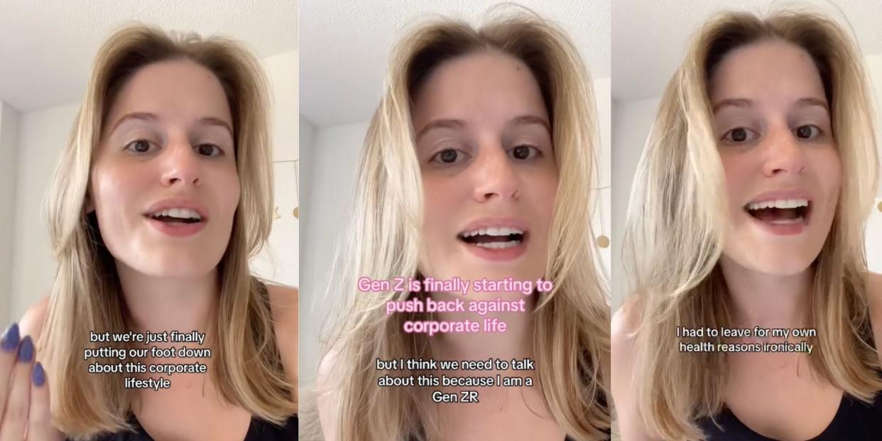 A composite of images taken from TikTok which show a Gen Zer discussing her generation's approach to corporate life.