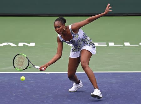 Mar 13, 2018; Indian Wells, CA, USA; Venus Williams (USA) during her third round match against Anastasia Sevastova (not pictured) in the BNP Paribas Open at the Indian Wells Tennis Garden. Jayne Kamin-Oncea-USA TODAY Sports