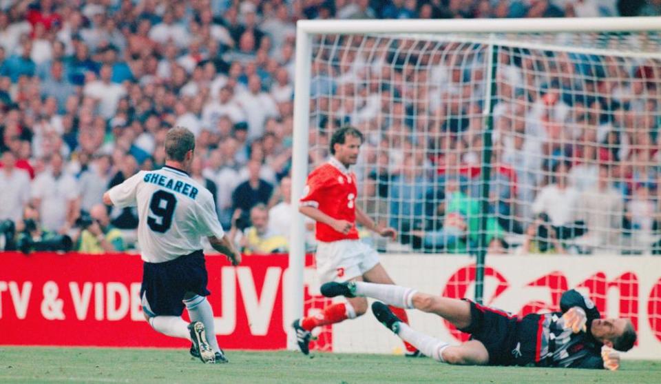 Alan Shearer scores for England against the Netherlands at Wembley in 1996.