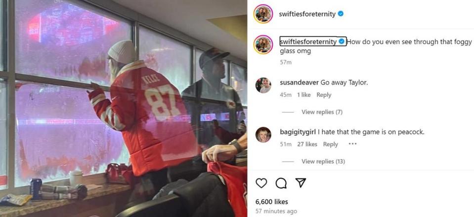Taylor Swift had to lean close to see out a frosty window in a suite at GEHA Field at Arrowhead Stadium Saturday.