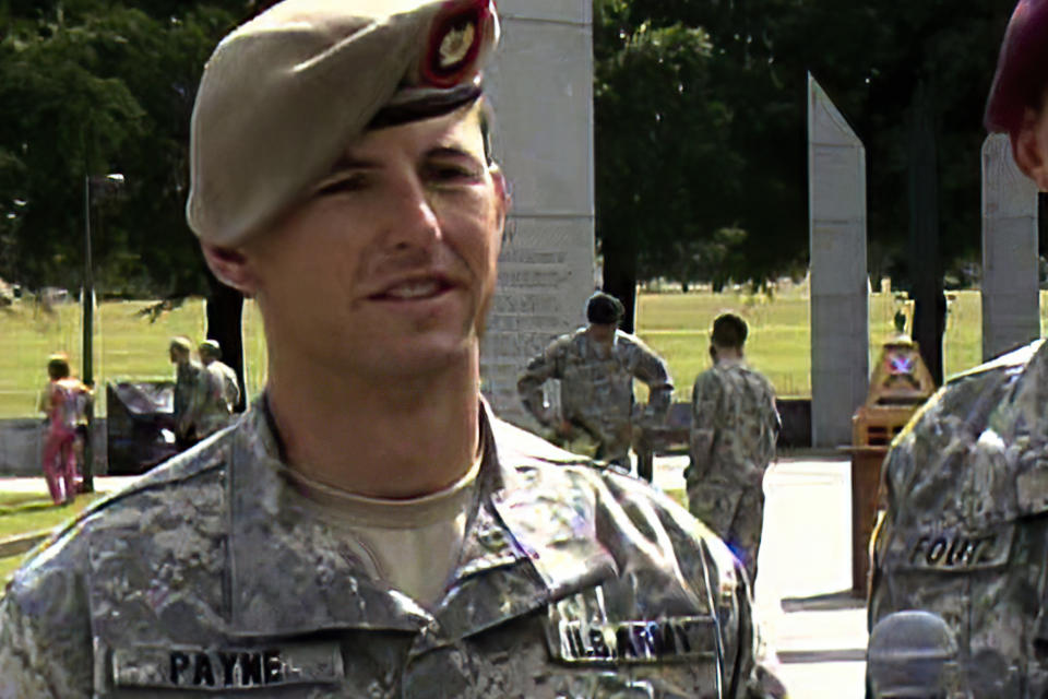 In this image from video provided by the U.S. Army, then-Sgt. 1st Class Thomas Payne is interviewed as a winner of the 2012 Best Ranger competition at Fort Benning, Ga., on April 16, 2012. Payne will receive the Medal of Honor, the U.S. military’s highest honor for valor in combat, for actions during a daring 2015 raid in Iraq that rescued about 70 hostages who were set to be executed by ISIS militants, The Associated Press has learned. Sgt. Maj. Payne will receive the honor in a White House ceremony on the 19th anniversary of the Sept. 11, 2001, terrorist attacks. (Lori Egan/U.S., Army via AP)