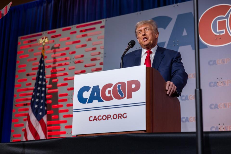 ANAHEIM, CALIFORNIA - SEPTEMBER 29: Former U.S. President Donald Trump speaks at the California GOP Fall convention on September 29, 2023 in Anaheim, California. Presidential candidates set to speak at the convention include former President Donald Trump, Florida Gov. Ron DeSantis, South Carolina Sen. Tim Scott, and entrepreneur, Vivek Ramaswamy. The event takes place from September 29 through October 1. (Photo by David McNew/Getty Images) ORG XMIT: 776038048 ORIG FILE ID: 1697758353